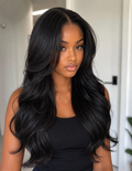 Natural Black Curtain Bangs Human blend Lace Front Wig